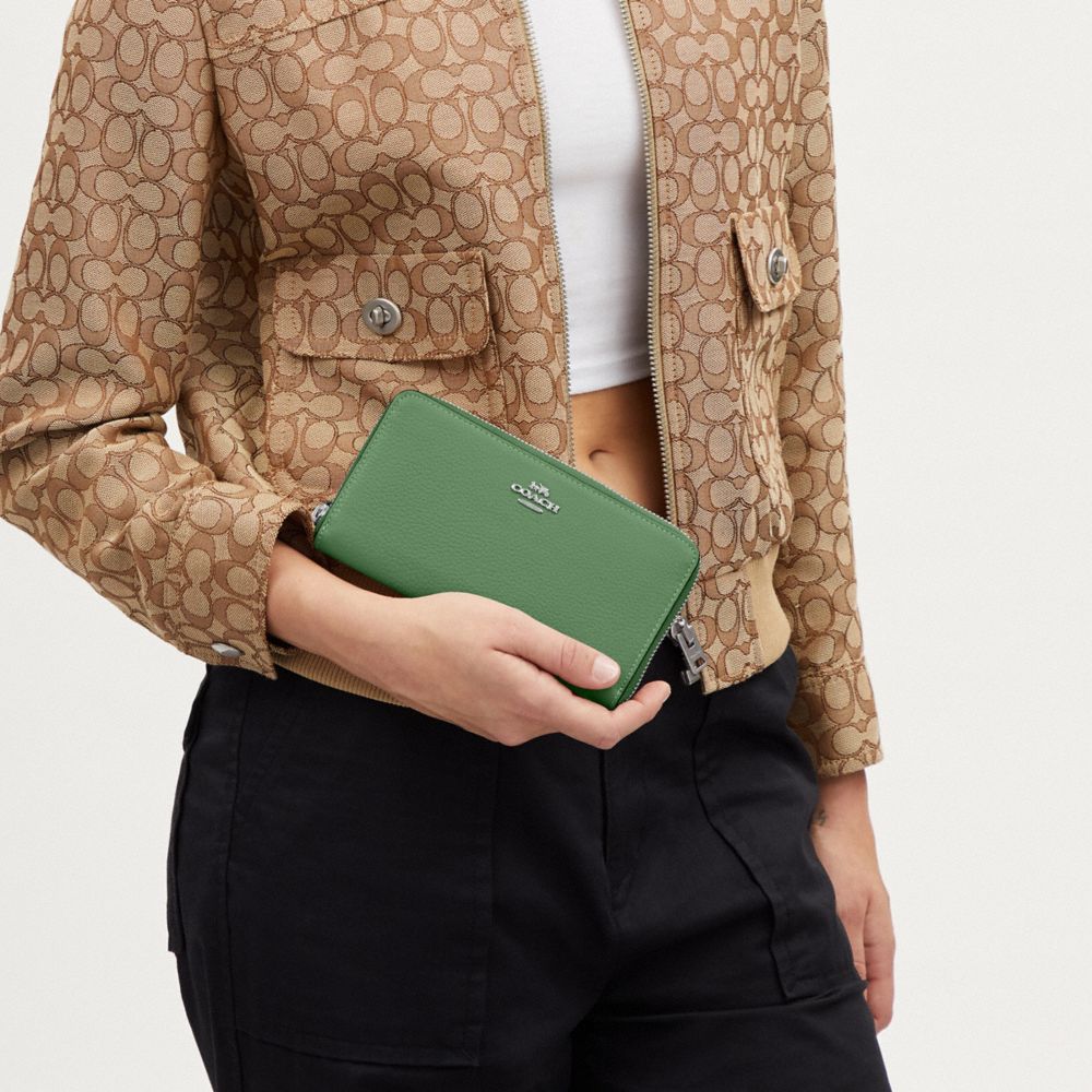 COACH®,Long Zip Around Wallet,Leather,Continental,Wristlet,Gold Metal,Casual,Green,Detail View