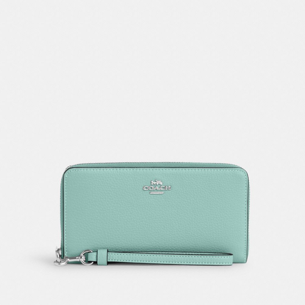 COACH®,LONG ZIP AROUND WALLET,Pebbled Leather,Mini,Sv/Faded Blue,Front View