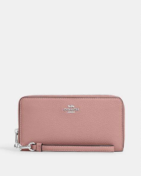 COACH®,LONG ZIP AROUND WALLET,Pebbled Leather,Mini,Silver/Carnation,Front View