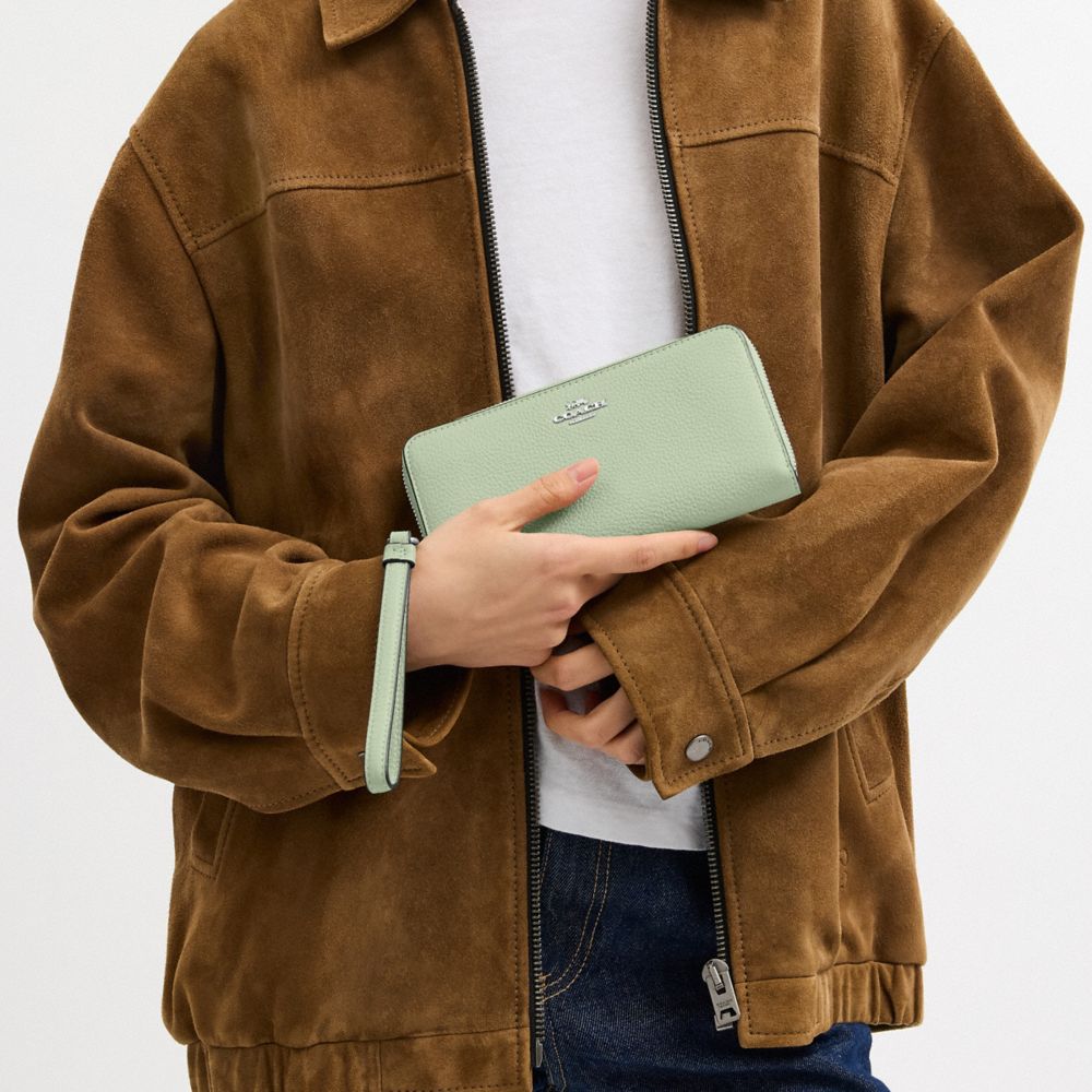 COACH®,Long Zip Around Wallet,Leather,Wristlet,Continental,Gold Metal,Casual,Green,Detail View