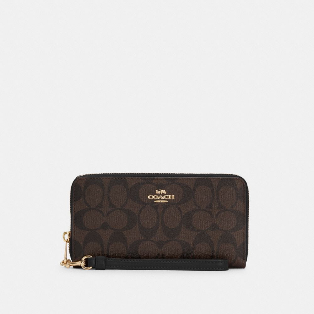 COACH®,LONG ZIP AROUND WALLET IN SIGNATURE CANVAS,Signature Canvas,Mini,Gold/Brown Black,Front View