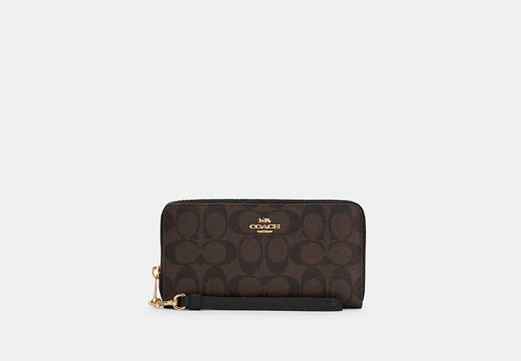 COACH®,LONG ZIP AROUND WALLET IN SIGNATURE CANVAS,pvc,Gold/Brown Black,Front View