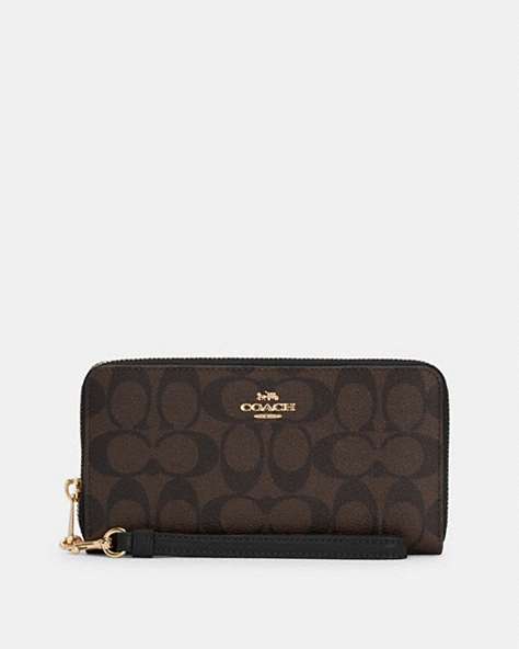 COACH®,LONG ZIP AROUND WALLET IN SIGNATURE CANVAS,pvc,Small,Gold/Brown Black,Front View