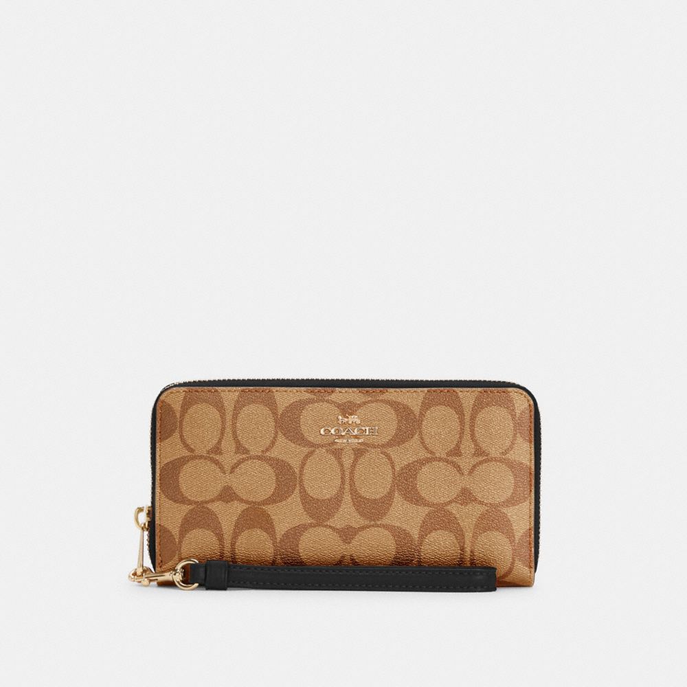 COACH®,LONG ZIP AROUND WALLET IN SIGNATURE CANVAS,Mini,Gold/Khaki/Black,Front View
