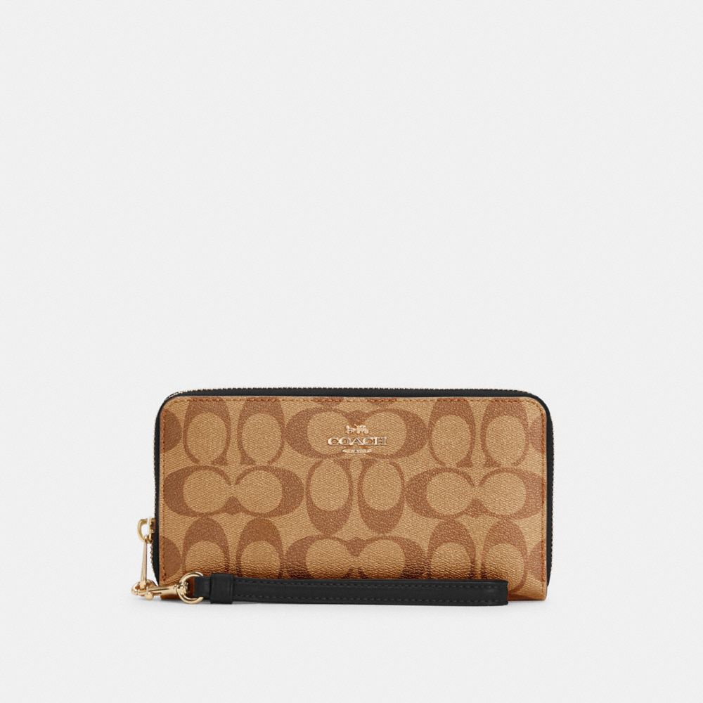 COACH®,LONG ZIP AROUND WALLET IN SIGNATURE CANVAS,Signature Canvas,Mini,Gold/Khaki/Black,Front View