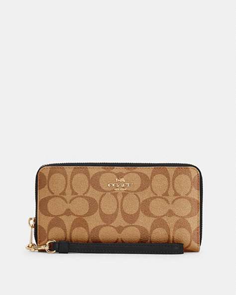 COACH®,LONG ZIP AROUND WALLET IN SIGNATURE CANVAS,pvc,Small,Gold/Khaki/Black,Front View