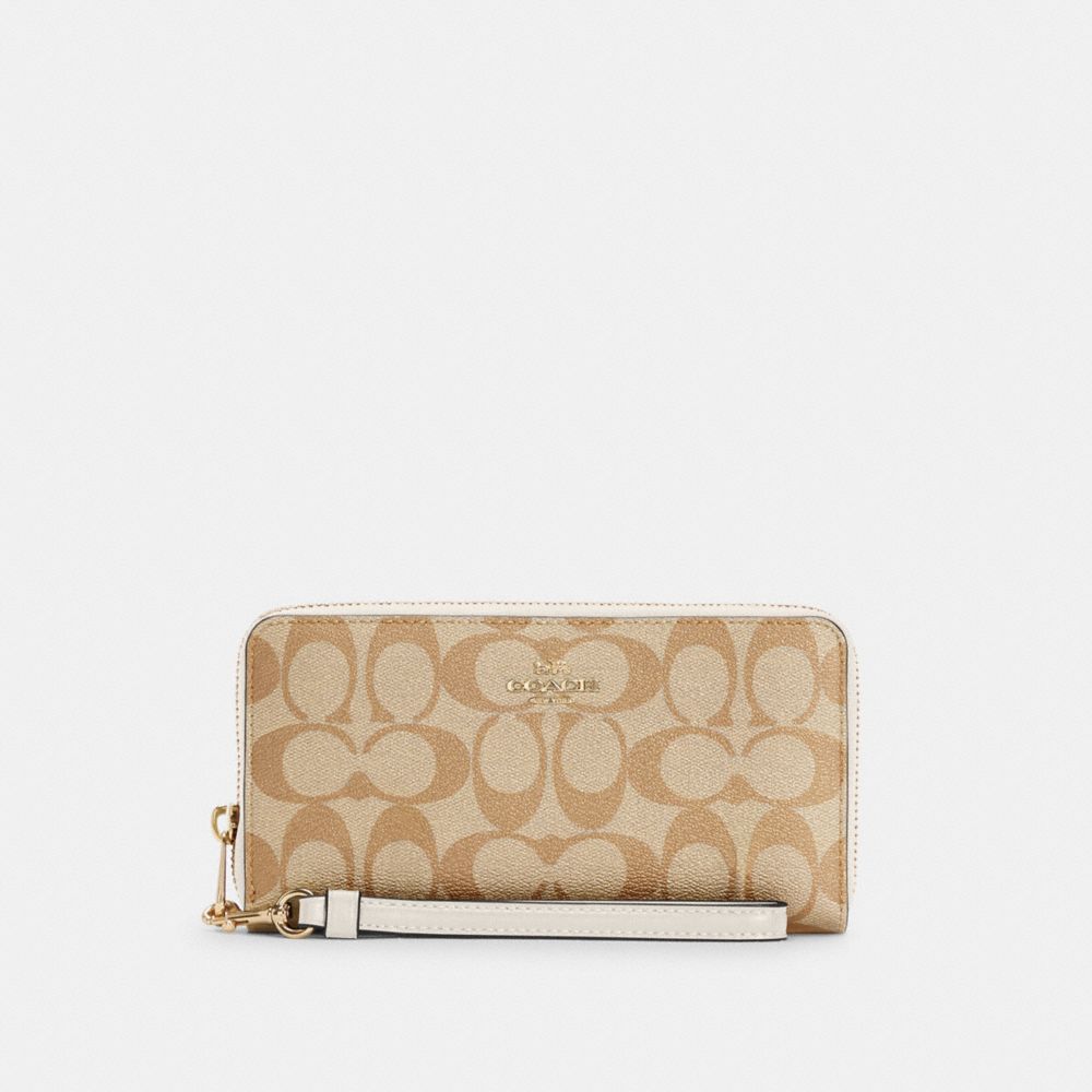 COACH®,LONG ZIP AROUND WALLET IN SIGNATURE CANVAS,Mini,Gold/Light Khaki Chalk,Front View