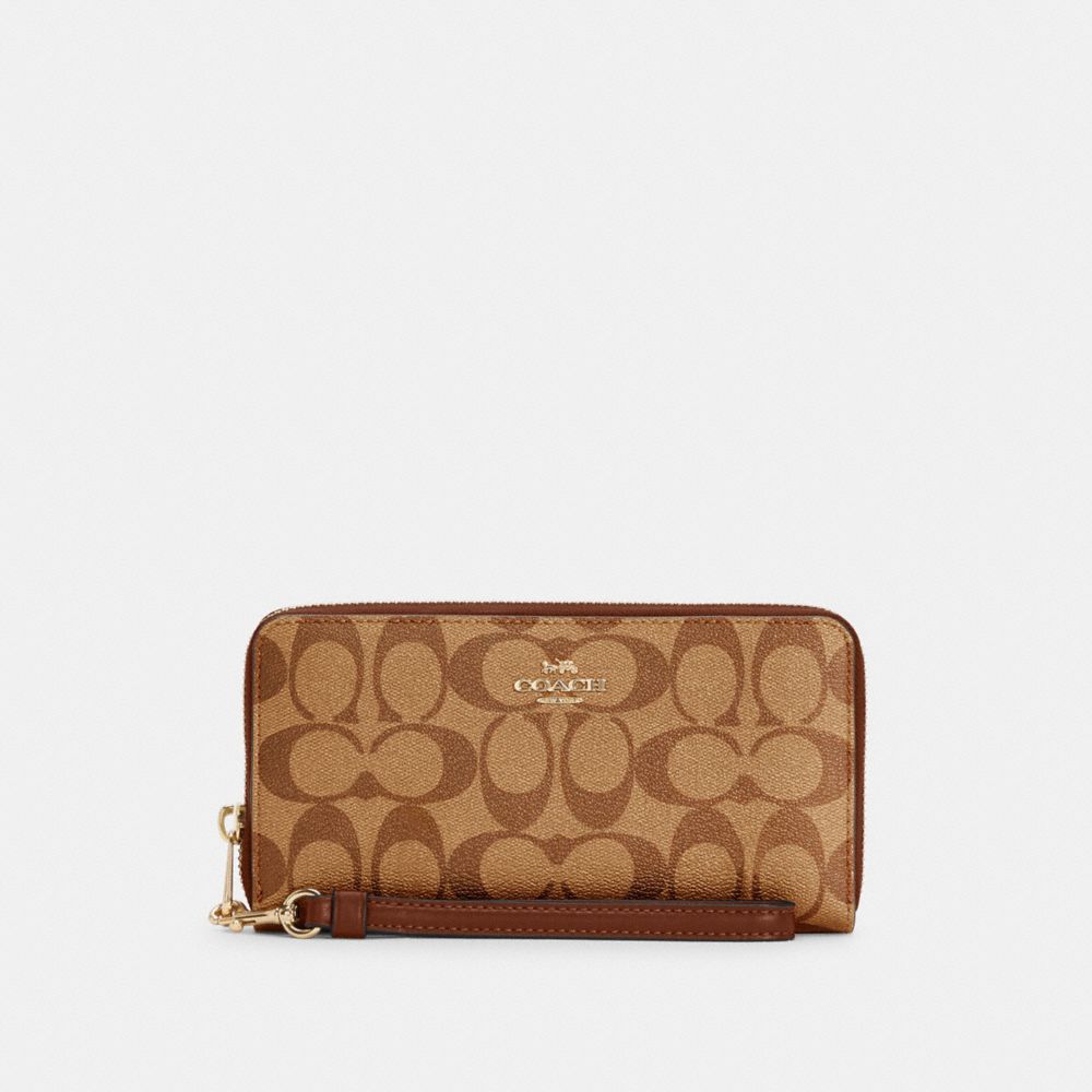 COACH®,LONG ZIP AROUND WALLET IN SIGNATURE CANVAS,Mini,Gold/Khaki Saddle 2,Front View
