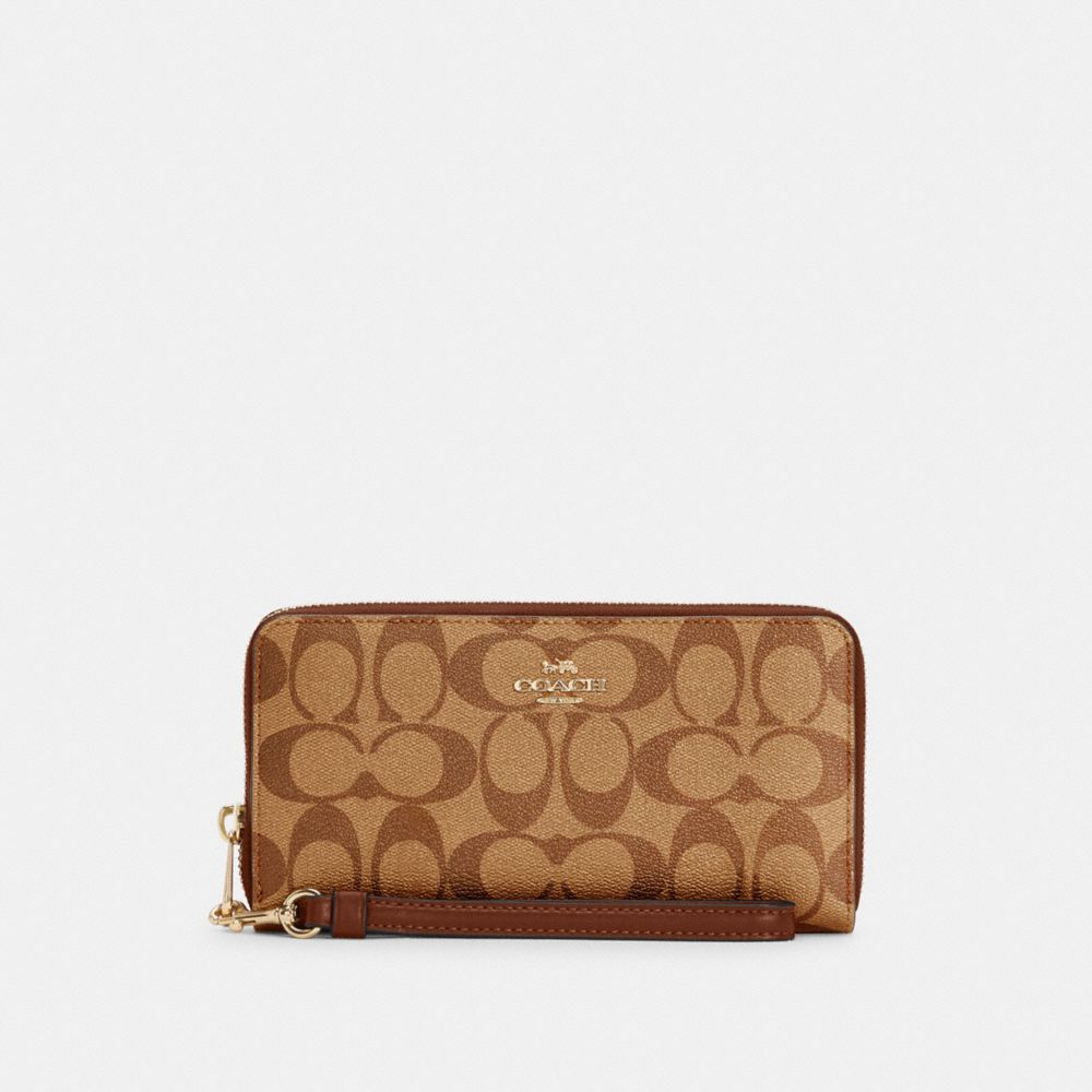 COACH®,LONG ZIP AROUND WALLET IN SIGNATURE CANVAS,Signature Canvas,Mini,Gold/Khaki Saddle 2,Front View