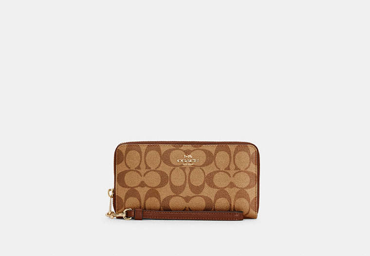 COACH®,LONG ZIP AROUND WALLET IN SIGNATURE CANVAS,pvc,Mini,Gold/Khaki Saddle 2,Front View image number 0