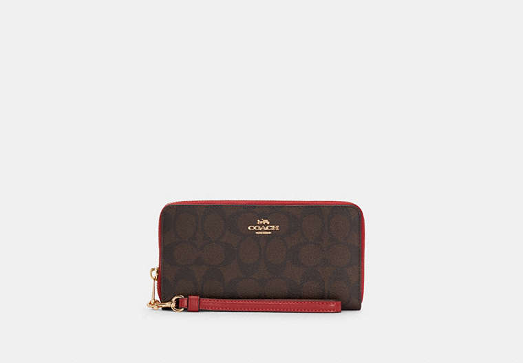 COACH®,LONG ZIP AROUND WALLET IN SIGNATURE CANVAS,pvc,Mini,Gold/Brown 1941 Red,Front View