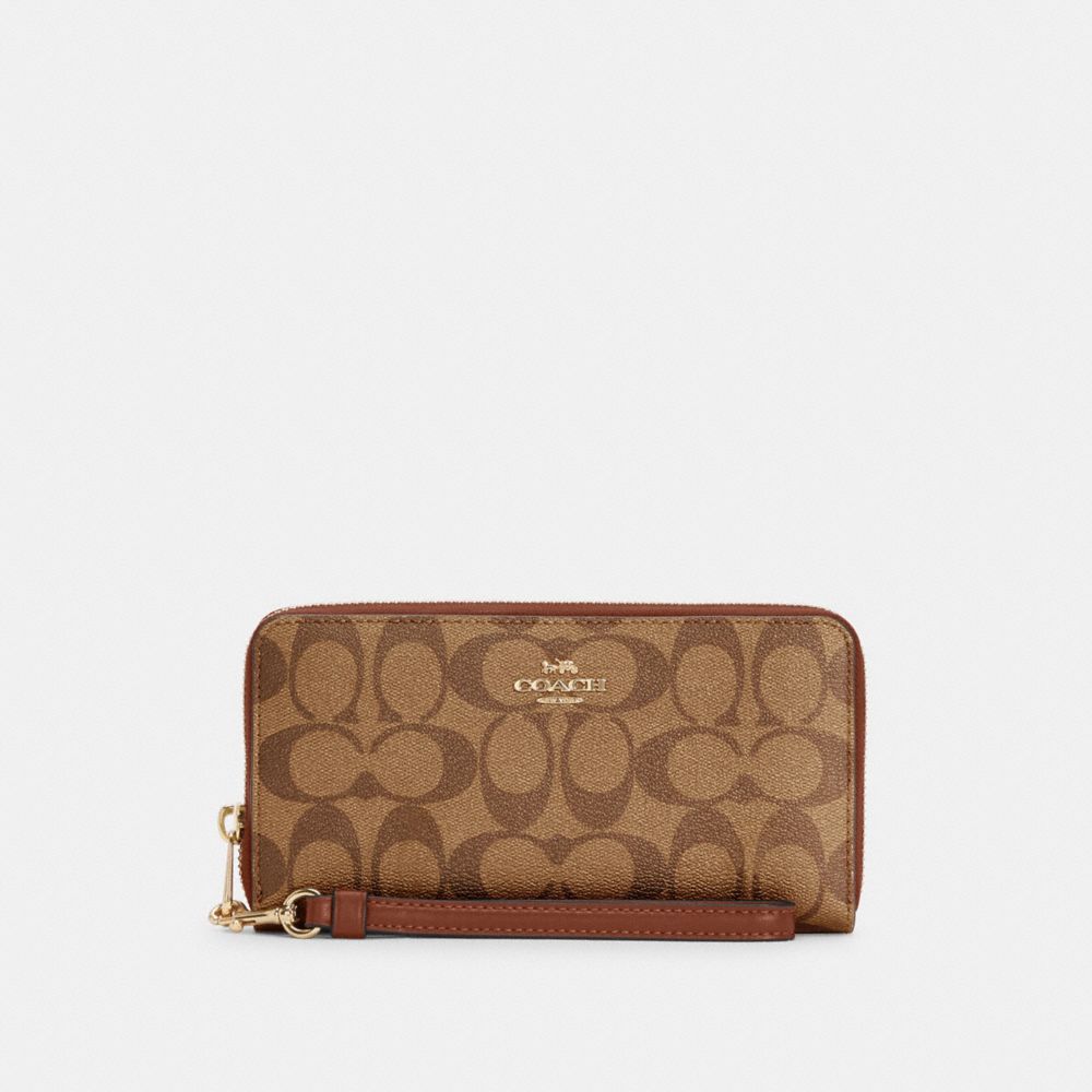 COACH®,LONG ZIP AROUND WALLET IN SIGNATURE CANVAS,Mini,Gold/Khaki Redwood,Front View