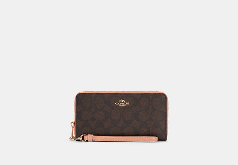 COACH®,LONG ZIP AROUND WALLET IN SIGNATURE CANVAS,pvc,Mini,Gold/Light Khaki/Faded Blush,Front View