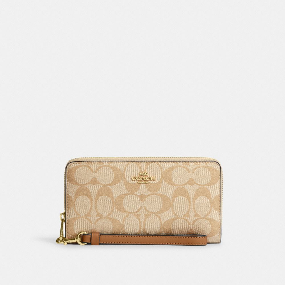 COACH®,LONG ZIP AROUND WALLET IN SIGNATURE CANVAS,Mini,Im/Light Khaki/Light Saddle,Front View