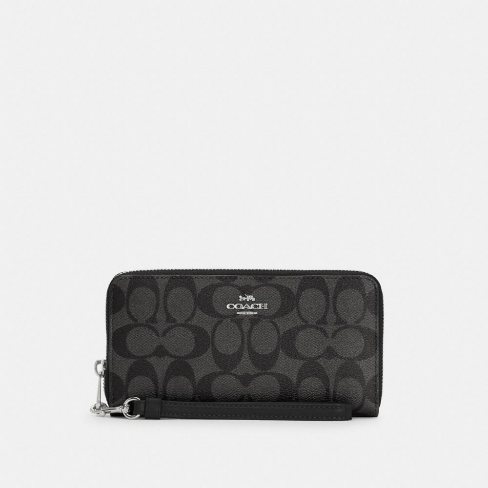 COACH®,LONG ZIP AROUND WALLET IN SIGNATURE CANVAS,Mini,Silver/Black Smoke,Front View