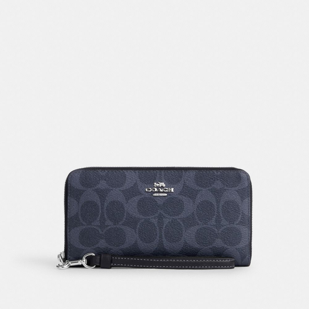 COACH®,LONG ZIP AROUND WALLET IN SIGNATURE CANVAS,Mini,Silver/Denim/Midnight Navy,Front View