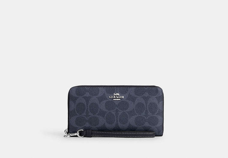 COACH®,LONG ZIP AROUND WALLET IN SIGNATURE CANVAS,pvc,Mini,Silver/Denim/Midnight Navy,Front View