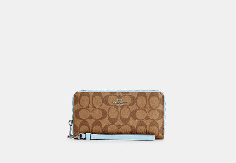 COACH®,LONG ZIP AROUND WALLET IN SIGNATURE CANVAS,pvc,Mini,Silver/Khaki/Waterfall,Front View