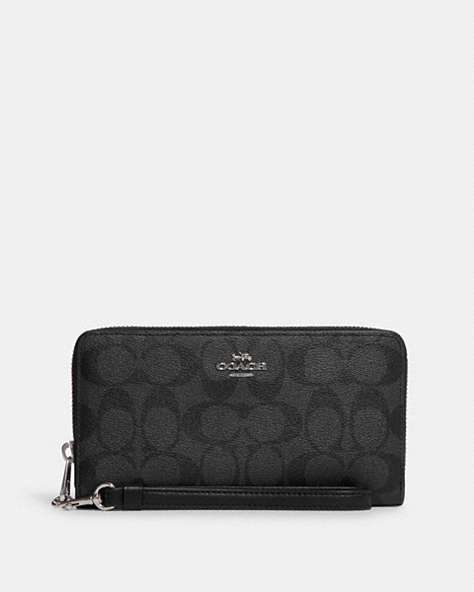 COACH®,LONG ZIP AROUND WALLET IN SIGNATURE CANVAS,Mini,Silver/Graphite/Black,Front View