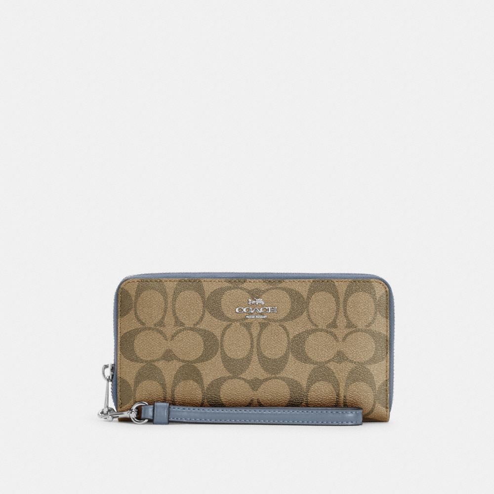 COACH®,LONG ZIP AROUND WALLET IN SIGNATURE CANVAS,Signature Canvas,Mini,Silver/Khaki/Marble Blue,Front View