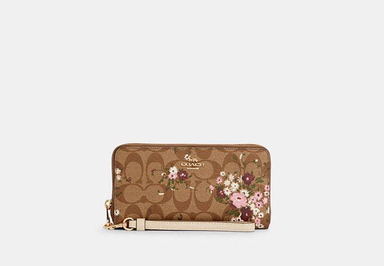 COACH®,LONG ZIP AROUND WALLET IN SIGNATURE CANVAS WITH EVERGREEN FLORAL PRINT,Gold/Khaki Multi,Front View