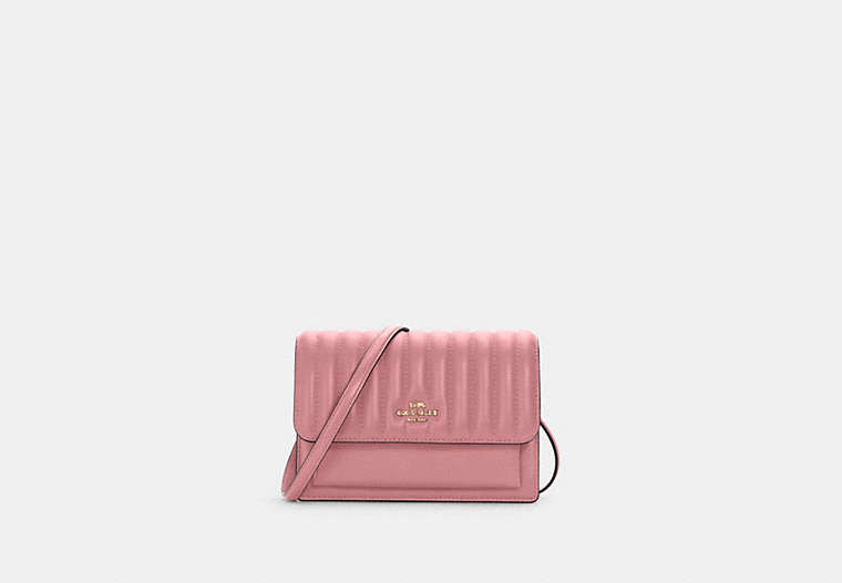 COACH®,FOLDOVER BELT BAG WITH LINEAR QUILTING,Leather,Mini,Gold/True Pink,Front View