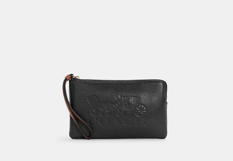 COACH®,LARGE CORNER ZIP WRISTLET WITH HORSE AND CARRIAGE,Leather,Mini,Gold/Black/Redwood,Front View