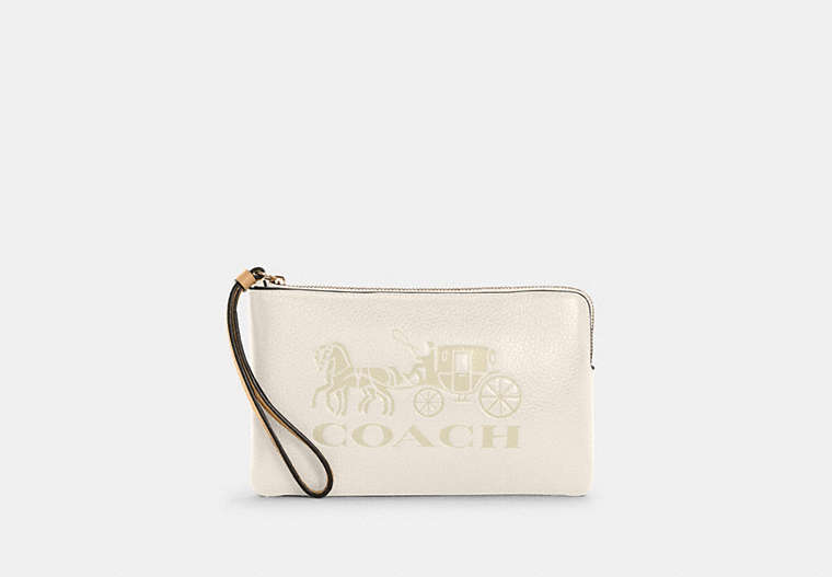 COACH®,LARGE CORNER ZIP WRISTLET WITH HORSE AND CARRIAGE,Leather,Mini,Gold/Chalk/Vanilla Cream,Front View