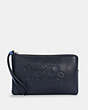 COACH®,LARGE CORNER ZIP WRISTLET WITH HORSE AND CARRIAGE,Leather,Mini,Gold/Midnight/Sky Blue,Front View