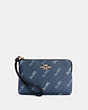 COACH®,CORNER ZIP WRISTLET WITH HORSE AND CARRIAGE DOT PRINT,Mini,Gold/Denim,Front View