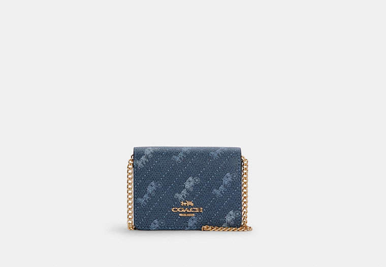 COACH®,MINI WALLET WITH HORSE AND CARRIAGE DOT PRINT,Gold/Denim,Front View