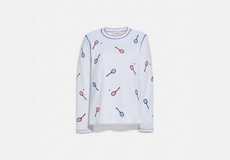 COACH®,EMBROIDERED TENNIS PRINT LONG SLEEVE T-SHIRT,cotton,Optic White,Front View