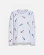 COACH®,EMBROIDERED TENNIS PRINT LONG SLEEVE T-SHIRT,cotton,Optic White,Front View