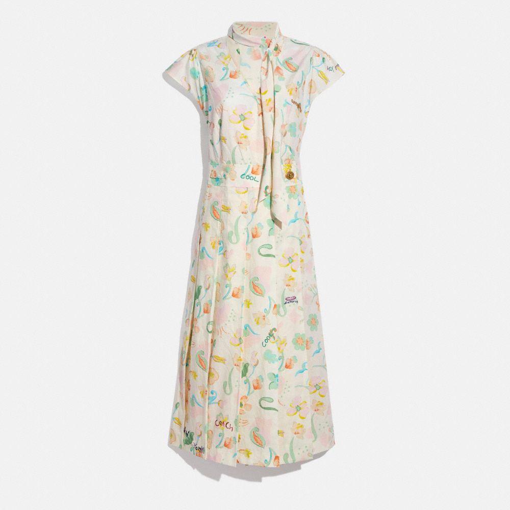 COACH®,PRINTED TIE NECK PLEATED DRESS,cotton,Chalk/Multi,Front View image number 0