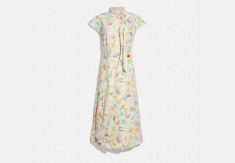 COACH®,PRINTED TIE NECK PLEATED DRESS,cotton,Chalk/Multi,Front View image number 0
