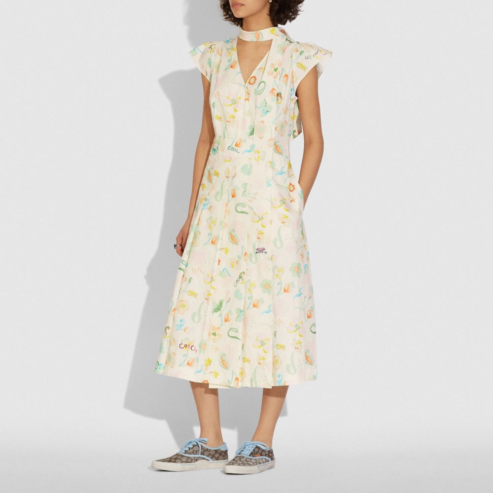 Printed Tie Neck Pleated Dress