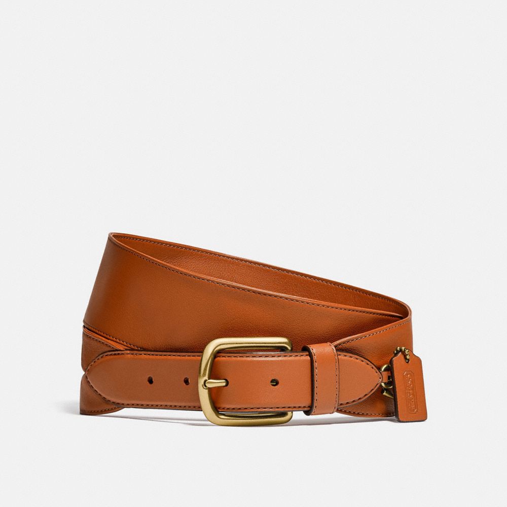 COACH®,HARNESS BUCKLE BELT WITH HANGTAG, 50MM,Smooth Leather/Smooth Leather,Brass/Spice Brown,Front View