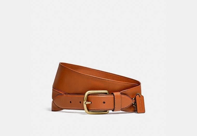 COACH®,HARNESS BUCKLE BELT WITH HANGTAG, 50MM,Smooth Leather/Smooth Leather,Brass/Spice Brown,Front View image number 0