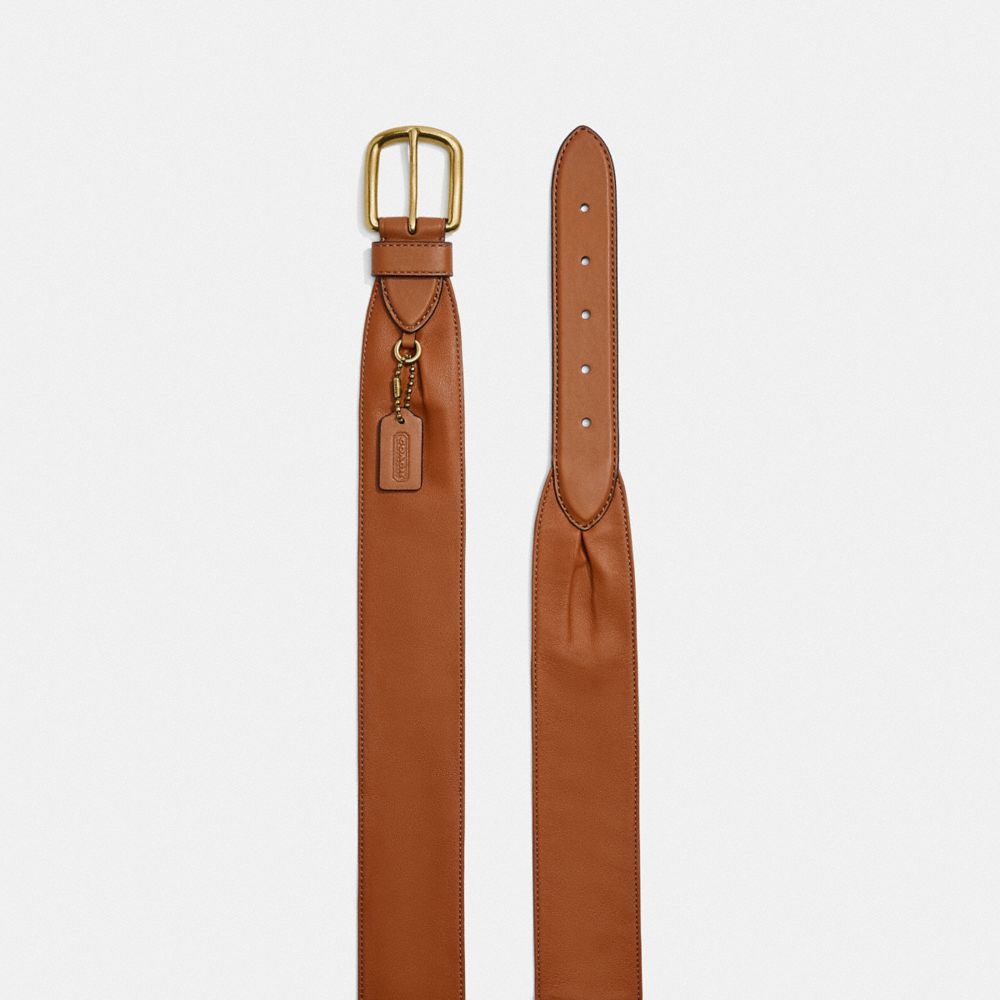 COACH®,HARNESS BUCKLE BELT WITH HANGTAG, 50MM,Smooth Leather/Smooth Leather,Brass/Spice Brown,Angle View