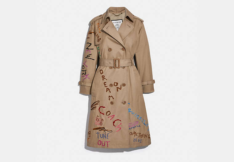 COACH®,EMBROIDERED TRENCH COAT,Cotton/Polyester,Classic Khaki,Front View