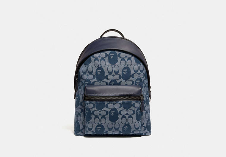 COACH®,BAPE X COACH CHARTER BACKPACK IN SIGNATURE CHAMBRAY,Jacquard,Large,Pewter/Chambray,Front View image number 0