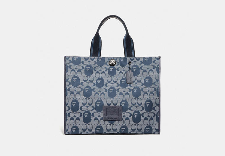 COACH®,BAPE X COACH TOTE 40 IN SIGNATURE CHAMBRAY,cotton,X-Large,Pewter/Chambray,Front View