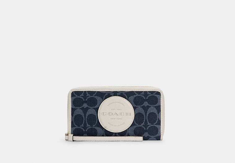 COACH®,DEMPSEY LARGE PHONE WALLET IN SIGNATURE DENIM WITH COACH PATCH,Gold/Denim Multi,Front View