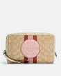 COACH®,DEMPSEY BOXY COSMETIC CASE 20 IN SIGNATURE JACQUARD WITH STRIPE AND COACH PATCH,cotton,Small,Gold/Lt Khaki Vanilla Cream Mult,Front View