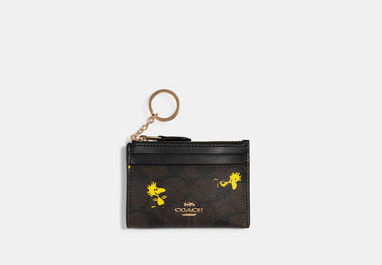 COACH®,COACH X PEANUTS MINI SKINNY ID CASE IN SIGNATURE CANVAS WITH WOODSTOCK PRINT,pvc,Gold/Brown Black Multi,Front View