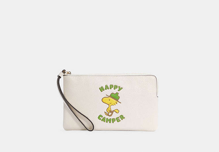 COACH®,COACH X PEANUTS LARGE CORNER ZIP WRISTLET WITH WOODSTOCK,Leather,Mini,Gold/Chalk Multi,Front View