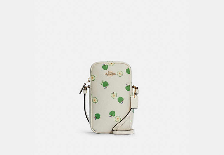 COACH®,NORTH/SOUTH ZIP CROSSBODY WITH APPLE PRINT,Gold/Chalk Multi,Front View