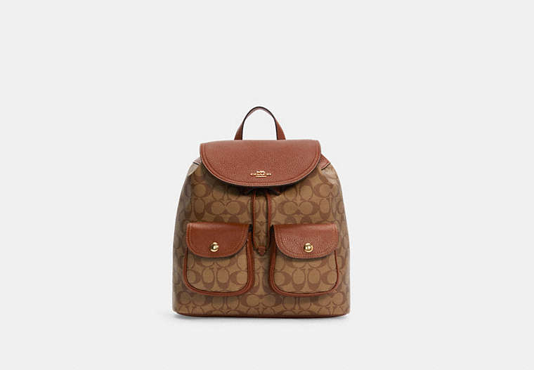 COACH®,PENNIE BACKPACK IN SIGNATURE CANVAS,n/a,Large,Gold/Khaki Redwood,Front View