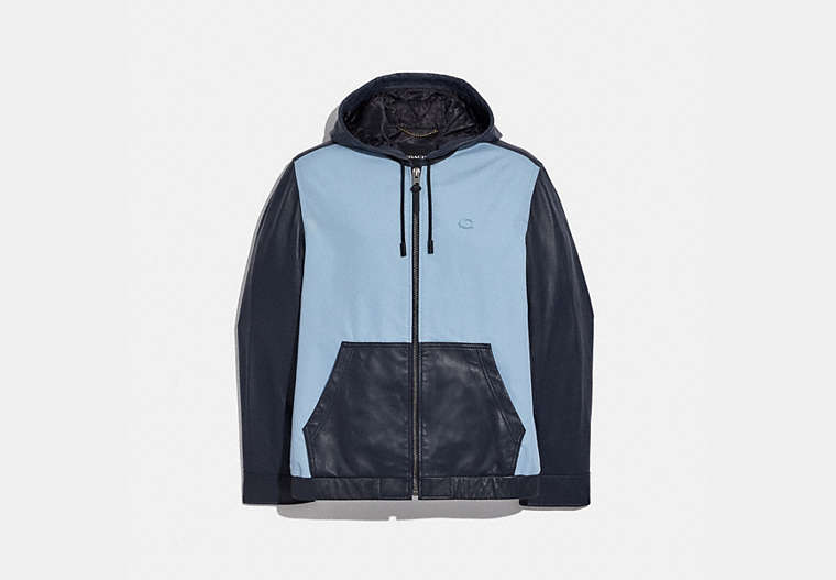 COACH®,PIECED LEATHER HOODIE,Leather/Cotton,Mist Deep Navy,Front View