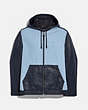 COACH®,PIECED LEATHER HOODIE,Leather/Cotton,Mist Deep Navy,Front View